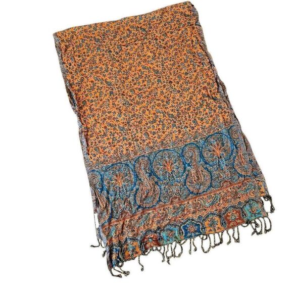 Cashmere, Silk & Viscose Blue & Beige Shawl w Fringe - Picture 6 of 7